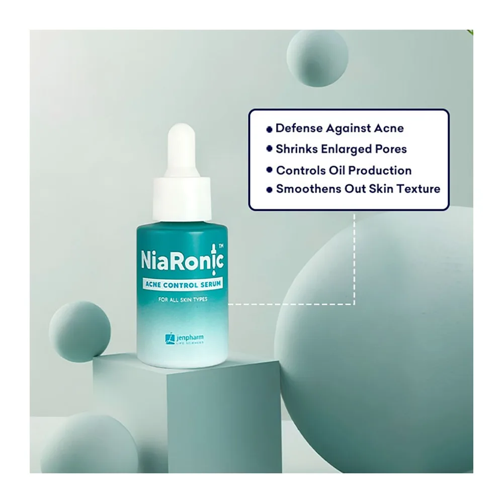 Close-up design of jen pharm niaronic acne control serum, minimizes pores, for normal, oily & sensitive skin type, 20ml