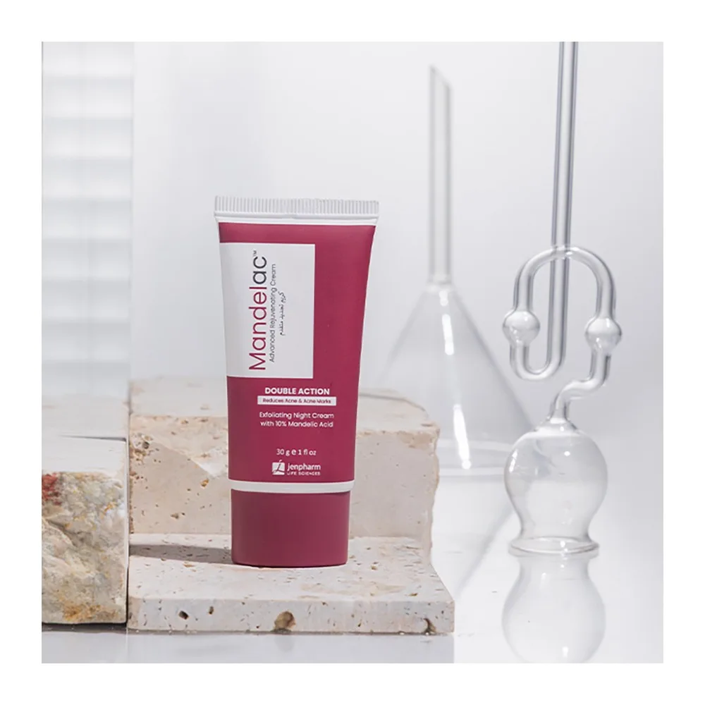 Close-up design of jenpharm 10% mandelac exfoliating night cream, reduces acne & acne marks, 30g