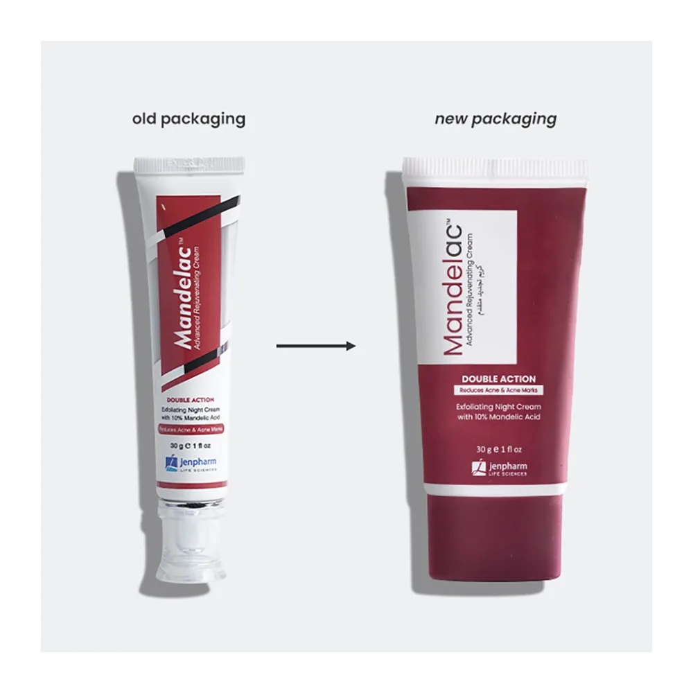 Front angle of jenpharm 10% mandelac exfoliating night cream, reduces acne & acne marks, 30g