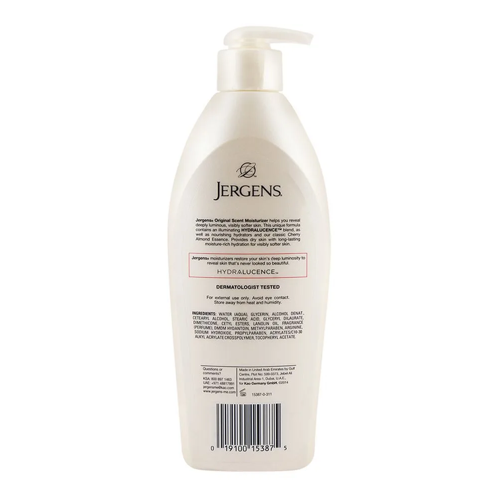 Side view of jergens original scent dry skin moisturizer 400ml