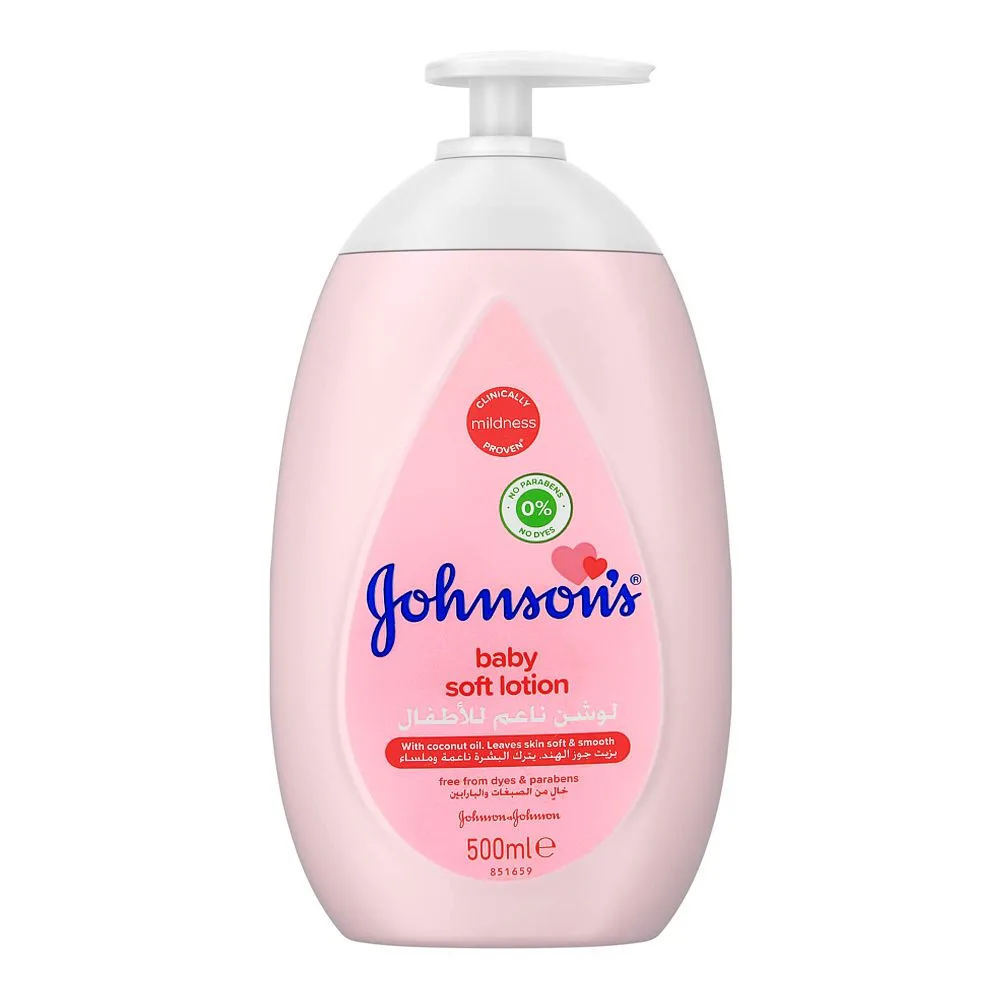 Side view of johnson's baby soft lotion, paraben free, uae, 500ml