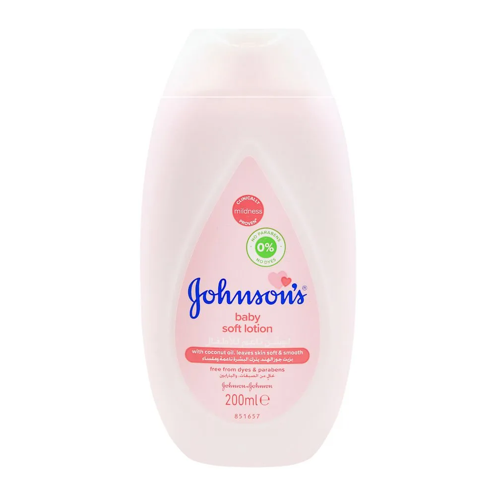 Side view of johnson's soft baby lotion, with coconut oil, paraben free, 200ml