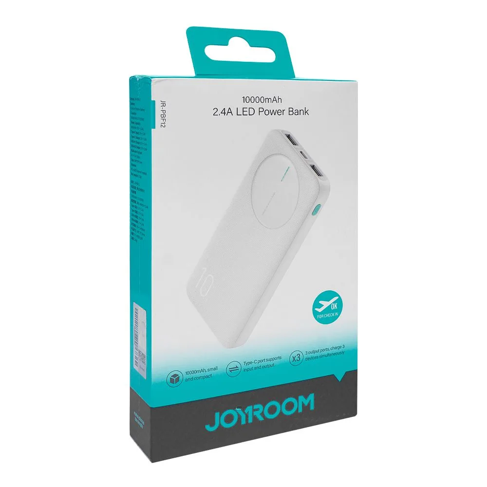Side view of joyroom 2.4a led power bank, 10000mah, white, jr-pbf12