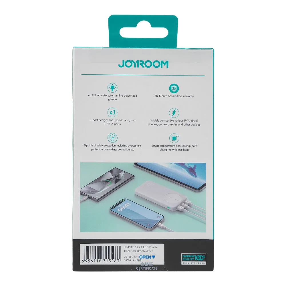Comfortable casual joyroom 2.4a led power bank, 10000mah, white, jr-pbf12
