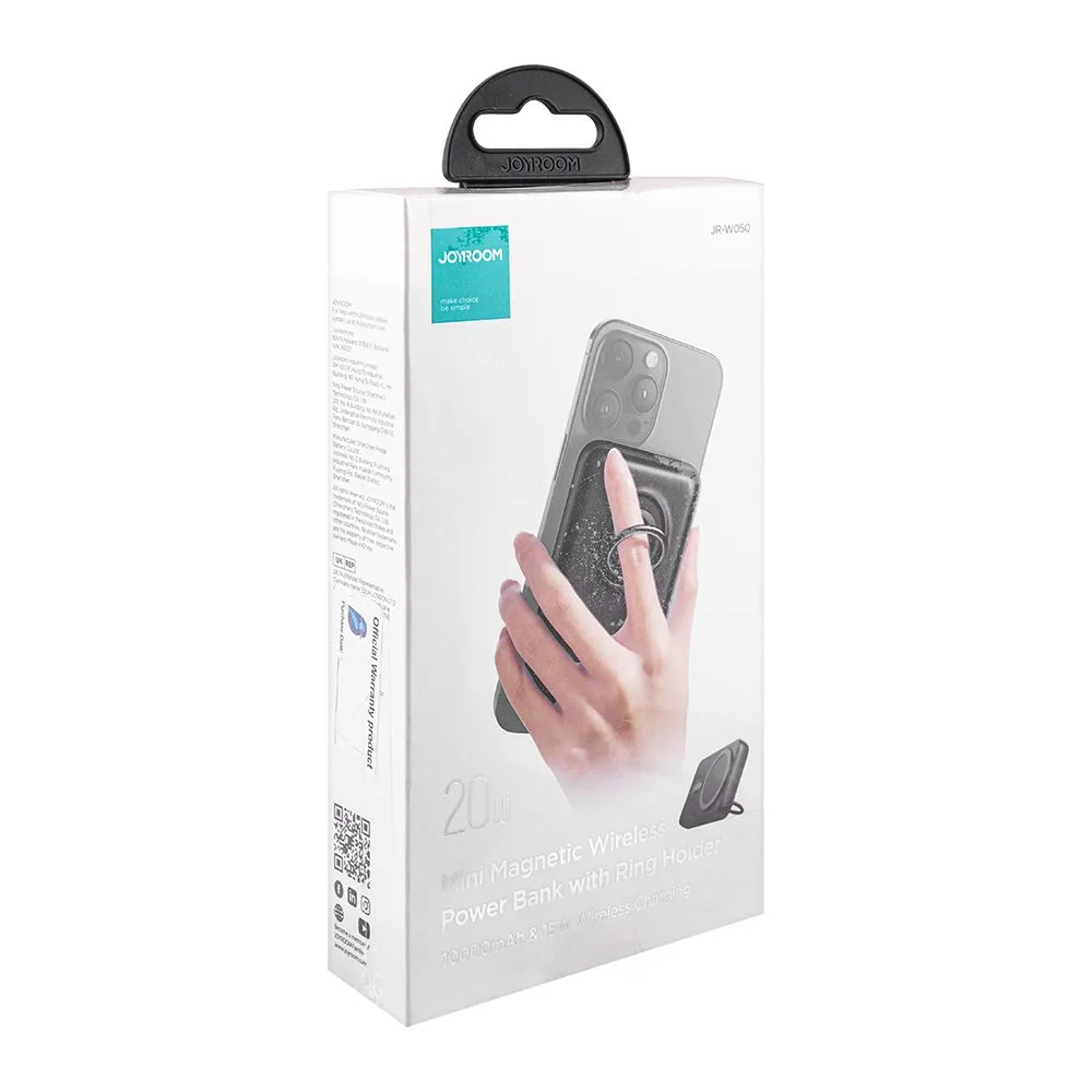 Side view of joyroom 20w mini magnetic wireless 10000 mah power bank with ring holder, black, jr-w050