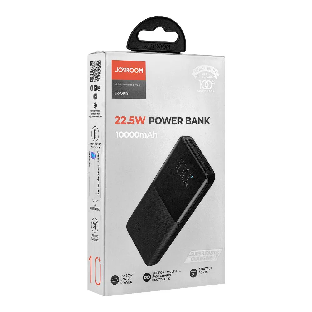 Side view of joyroom 22.5w super fast charging 10000mah power bank, black, jr-qp191