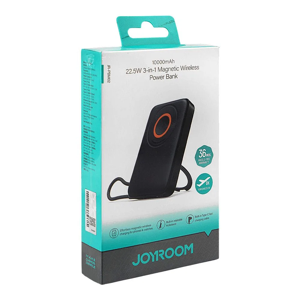 Side view of joyroom 3-in-1 magnetic wireless power bank with built-in type-c cable, 10000mah, 22.5w, black, jr-pbm02