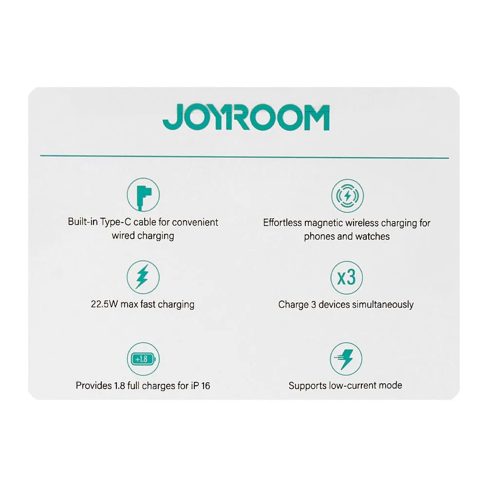Close-up design of joyroom 3-in-1 magnetic wireless power bank with built-in type-c cable, 10000mah, 22.5w, black, jr-pbm02