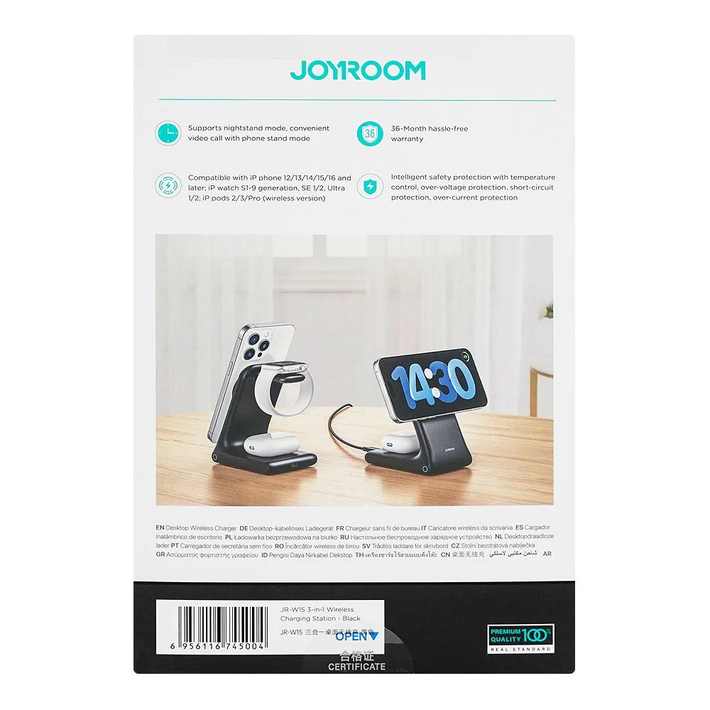 Front angle of joyroom 3-in-1 wireless charging station, black, jr-w15