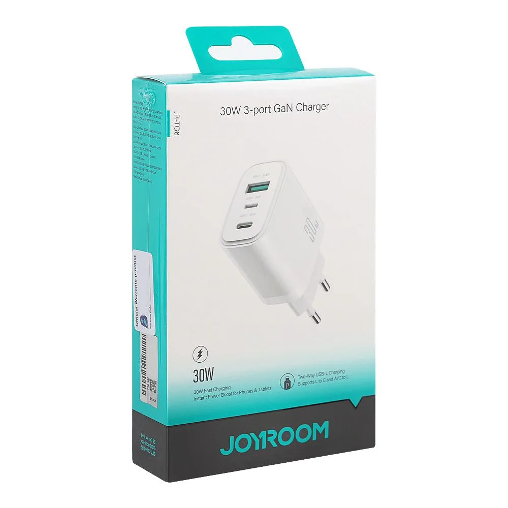 Side view of joyroom 30w 3-port gan fast charger, white, jr-tg6