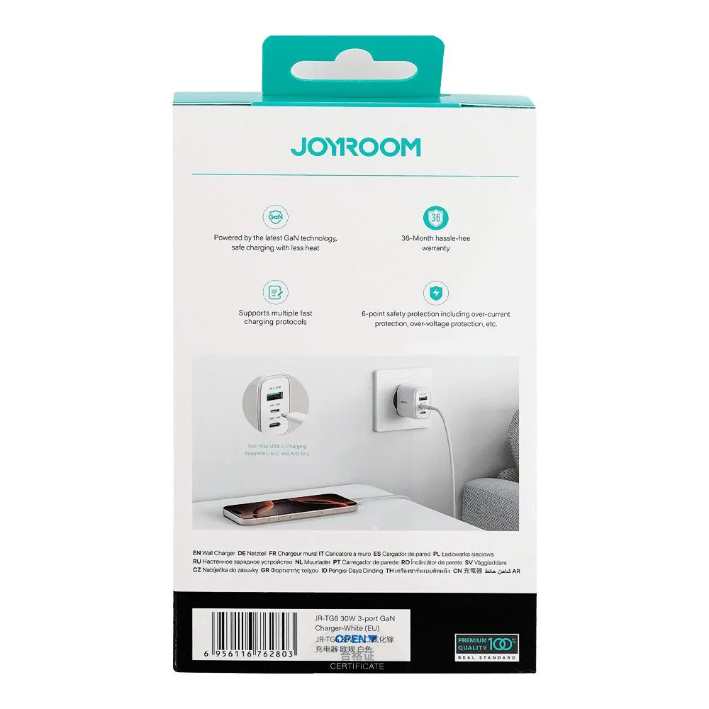 Comfortable casual joyroom 30w 3-port gan fast charger, white, jr-tg6