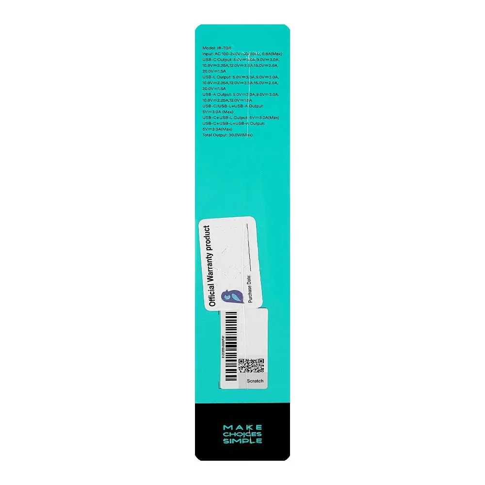 Close-up design of joyroom 30w 3-port gan fast charger, white, jr-tg6