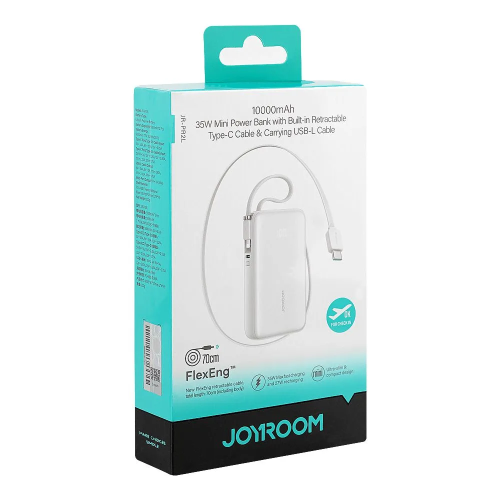 Side view of joyroom 35w 10000mah mini power bank, with built-in retractable type-c & usb-l cable, white, jr-pr2l