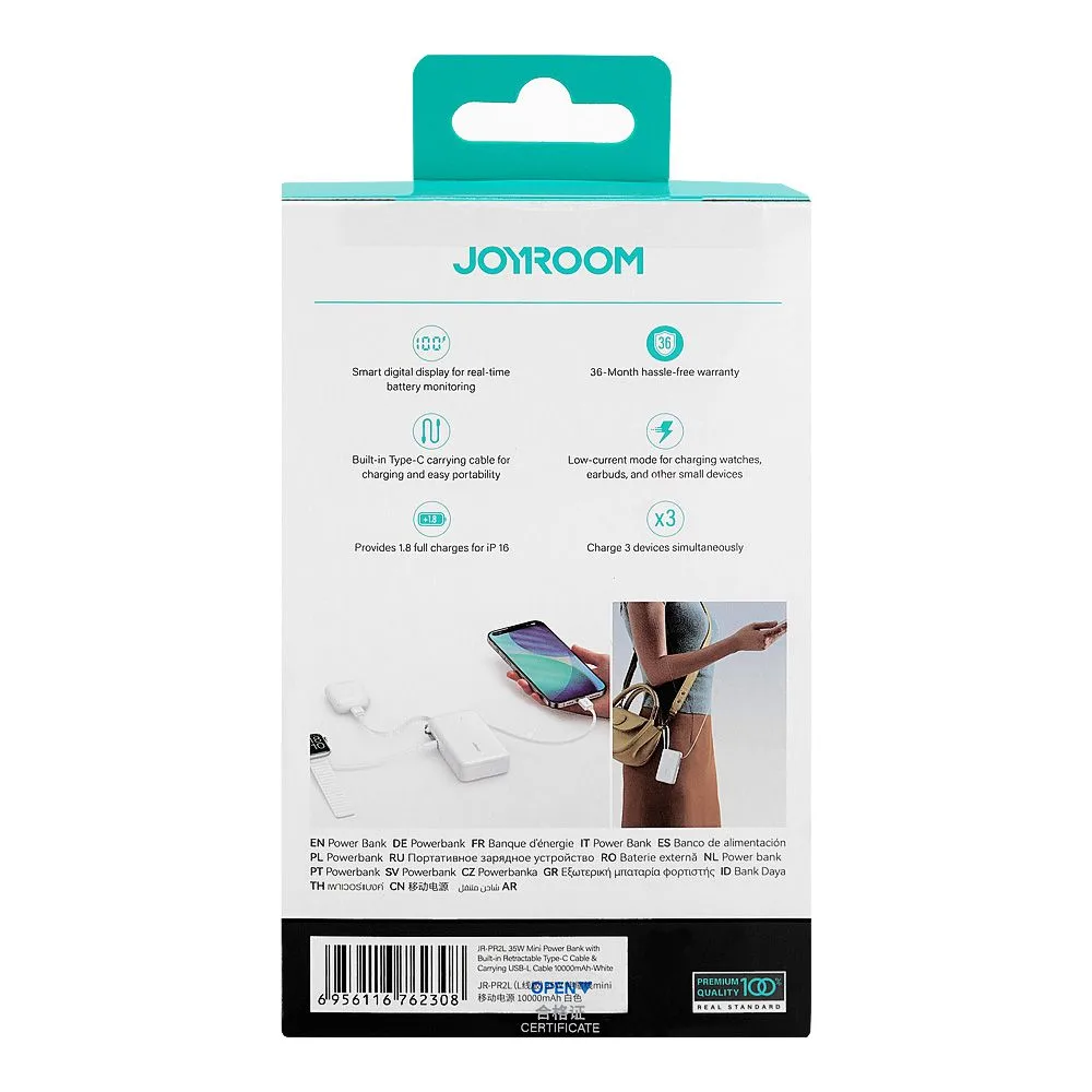 Comfortable casual joyroom 35w 10000mah mini power bank, with built-in retractable type-c & usb-l cable, white, jr-pr2l