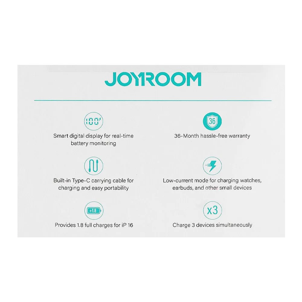 Close-up design of joyroom 35w 10000mah mini power bank, with built-in retractable type-c & usb-l cable, white, jr-pr2l