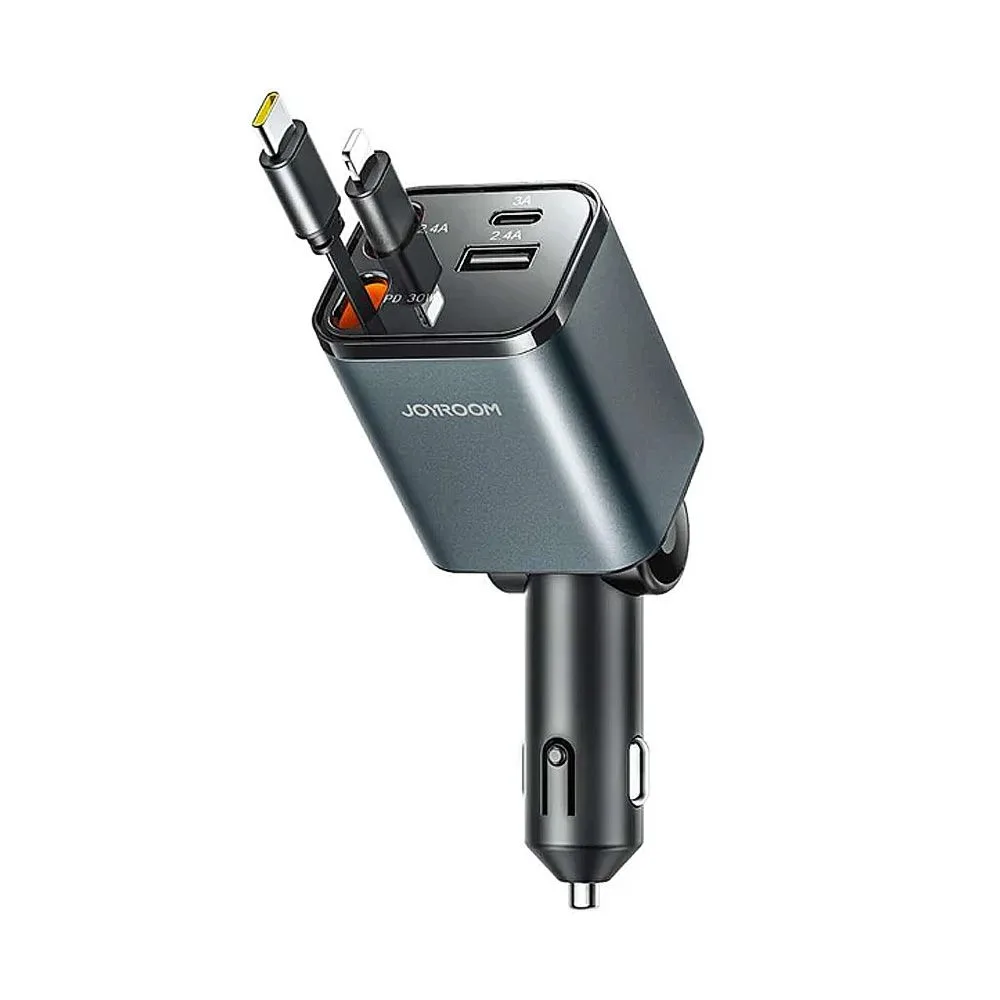 Joyroom 4-in-1 Retractable Car Charger Built-in-Type-C & Lightening Cable, 65W, Dark Grey, JR-CCL05