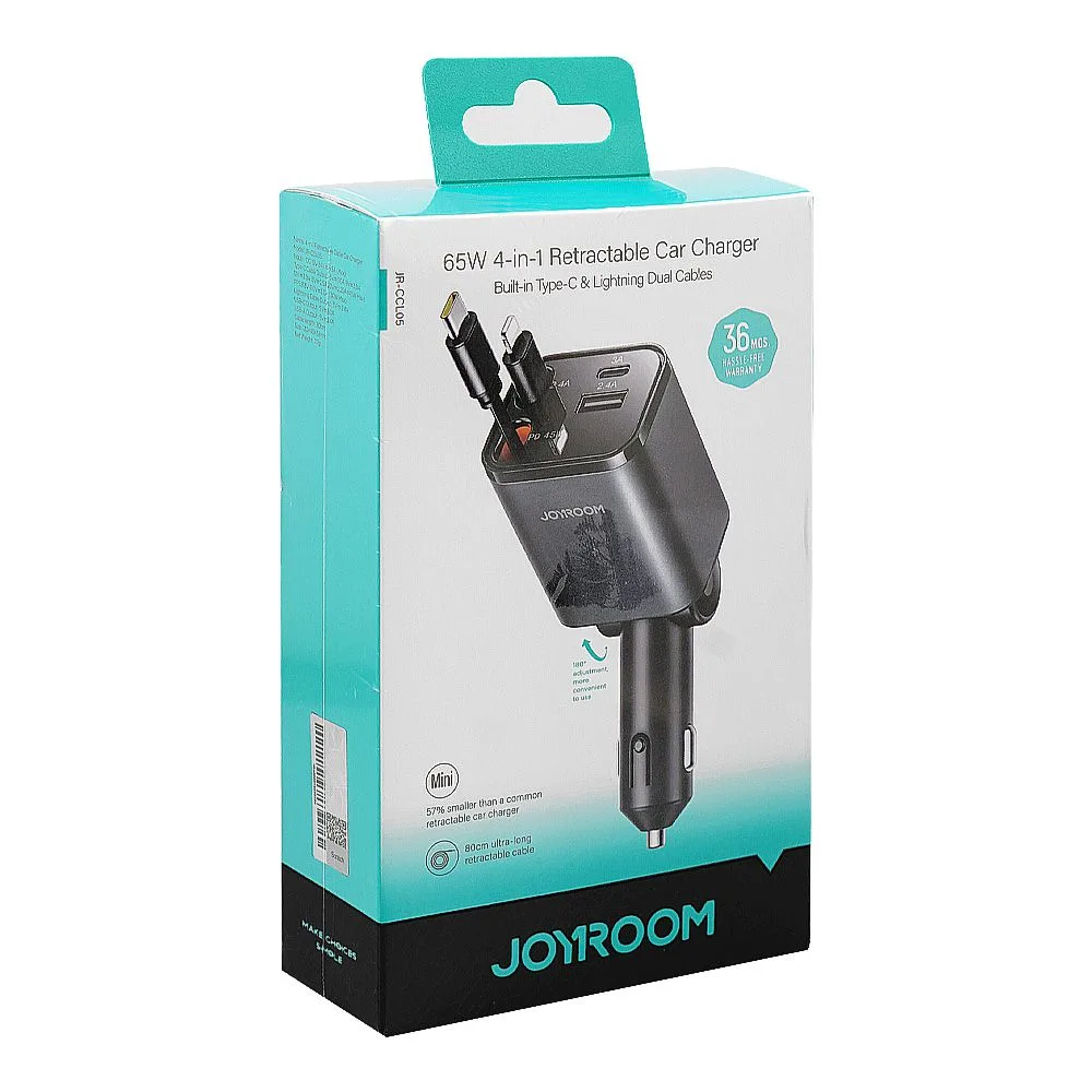 Side view of joyroom 4-in-1 retractable car charger built-in-type-c & lightening cable, 65w, dark grey, jr-ccl05