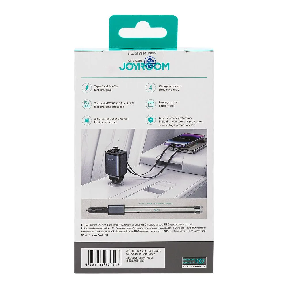 Comfortable casual joyroom 4-in-1 retractable car charger built-in-type-c & lightening cable, 65w, dark grey, jr-ccl05