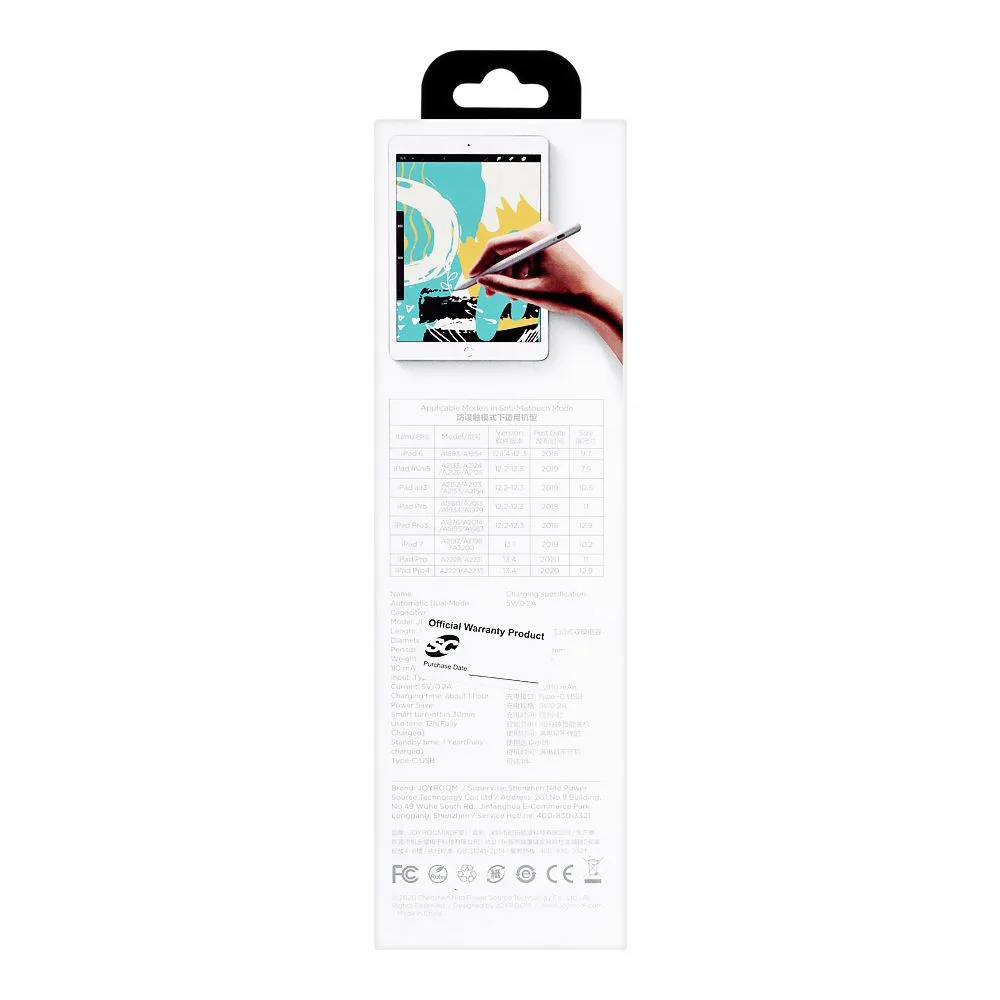 Side view of joyroom active capacitive stylus pen, white, jr-k12