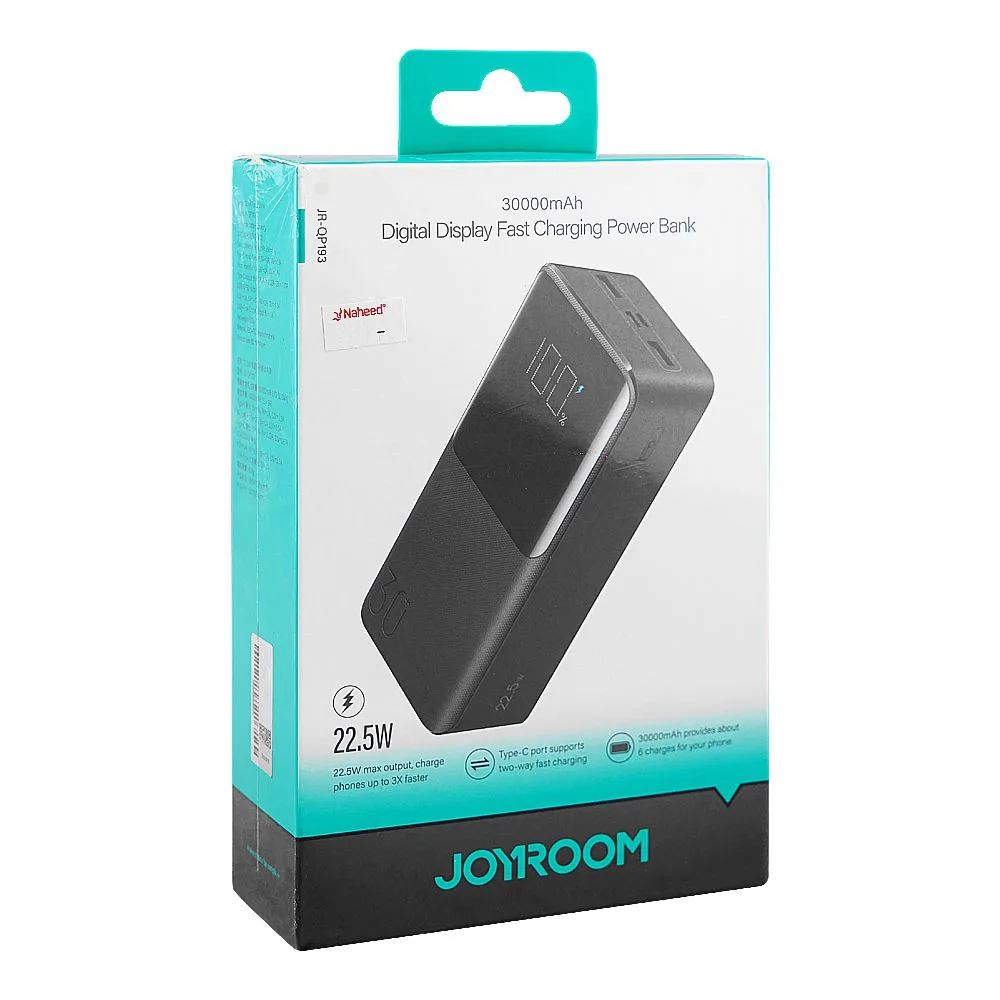 Side view of joyroom digital display fast charging power bank (22.5w, 30000mah), jr-qp193