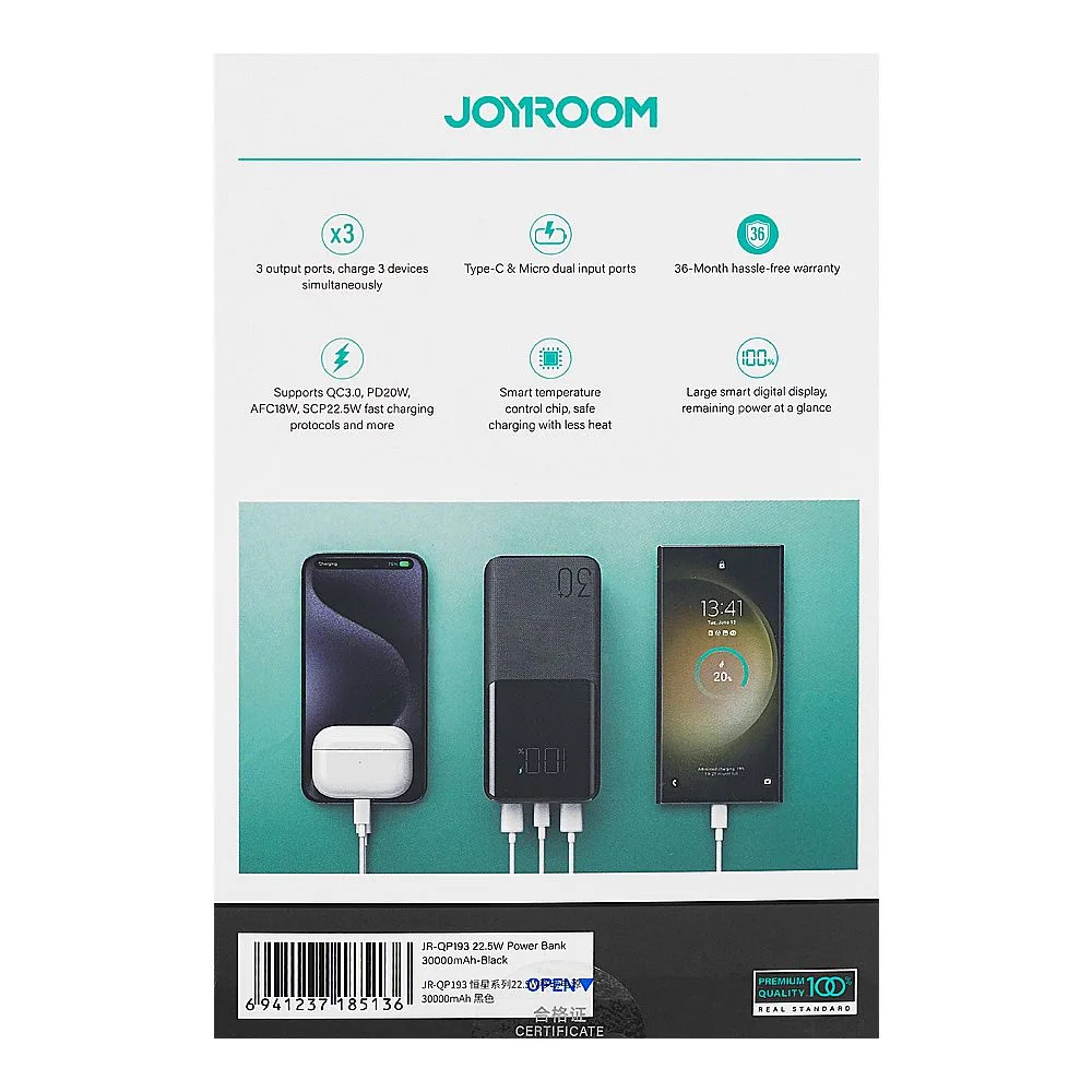 Close-up design of joyroom digital display fast charging power bank (22.5w, 30000mah), jr-qp193