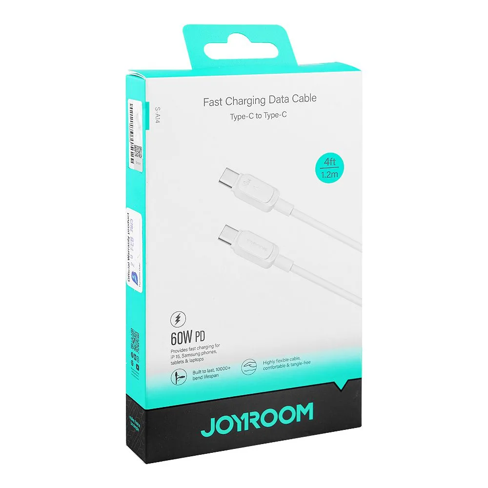Side view of joyroom fast charging data cable (type-c to type-c, 1.2m, 60w), white s-a14