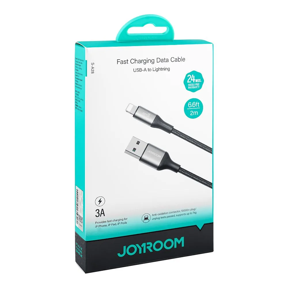 Side view of joyroom flash series fast charging data cable, 3a, usb-a to lightening, 2 meter, black, s-a28