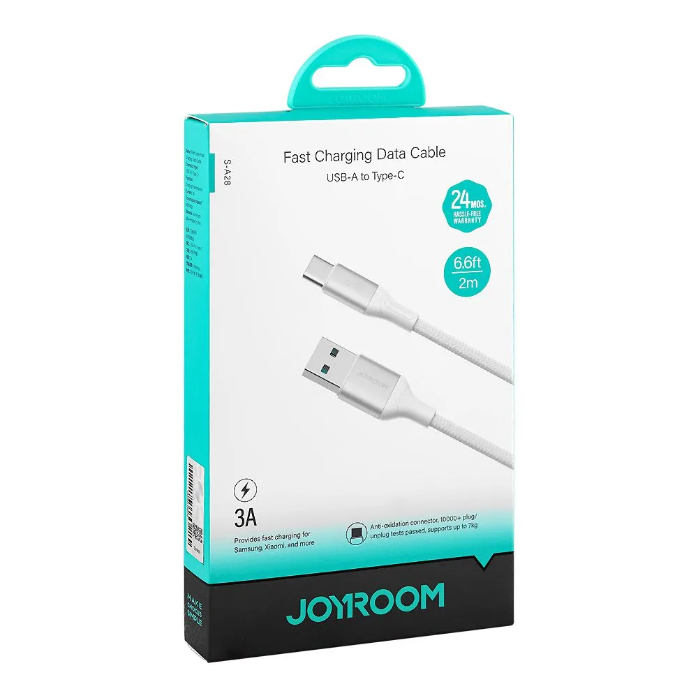 Side view of joyroom flash series fast charging data cable, 3a, usb-a to type-c, 2 meter white, s-a28