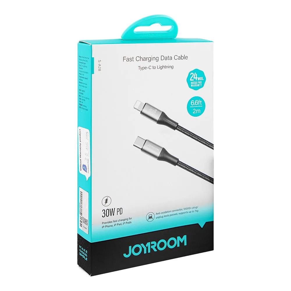 Side view of joyroom flash series type-c to lightning fast charging data cable, 2 meter, 30w, black, s-a28