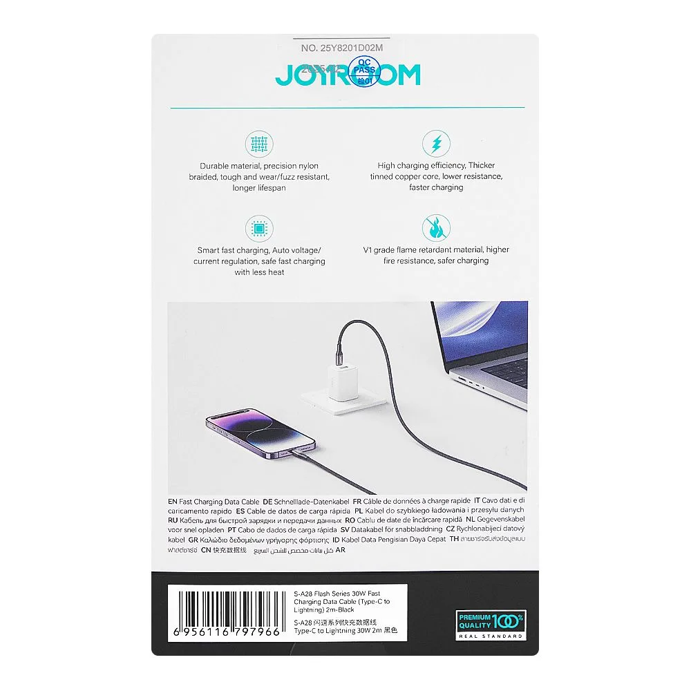 Premium everyday wear joyroom flash series type-c to lightning fast charging data cable, 2 meter, 30w, black, s-a28