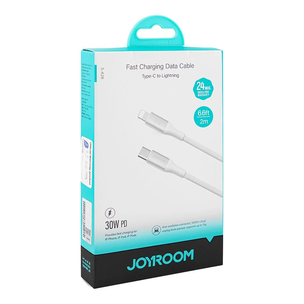 Side view of joyroom flash series type-c to lightning fast charging data cable, 2 meter, 30w, white, s-a28