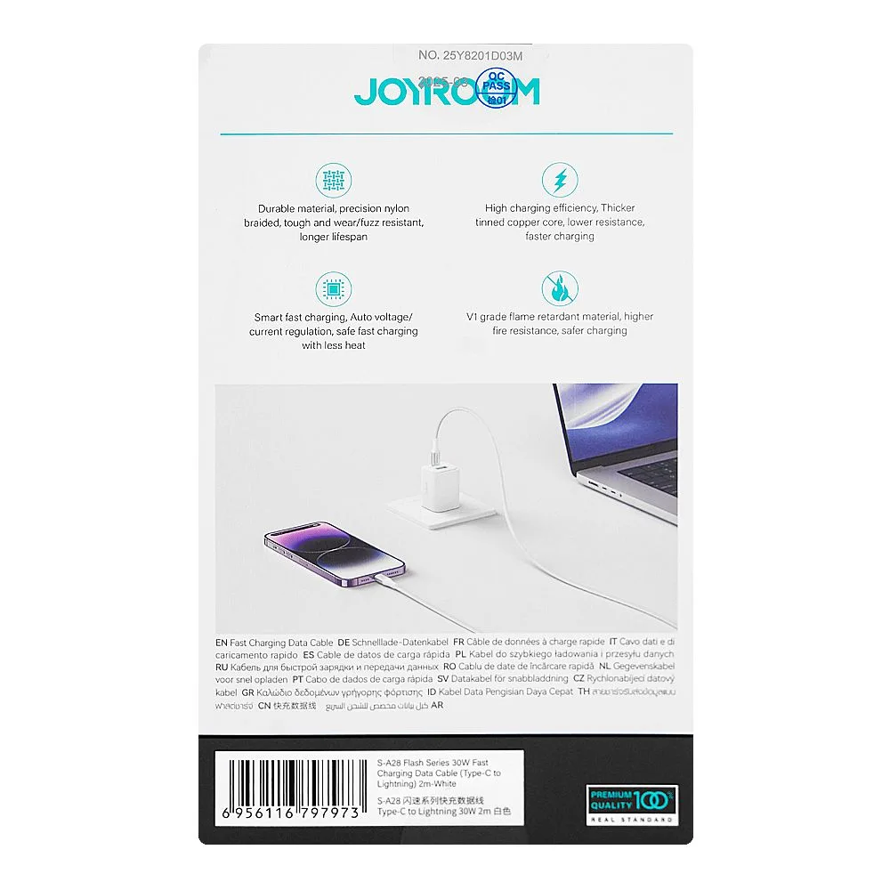 Premium everyday wear joyroom flash series type-c to lightning fast charging data cable, 2 meter, 30w, white, s-a28