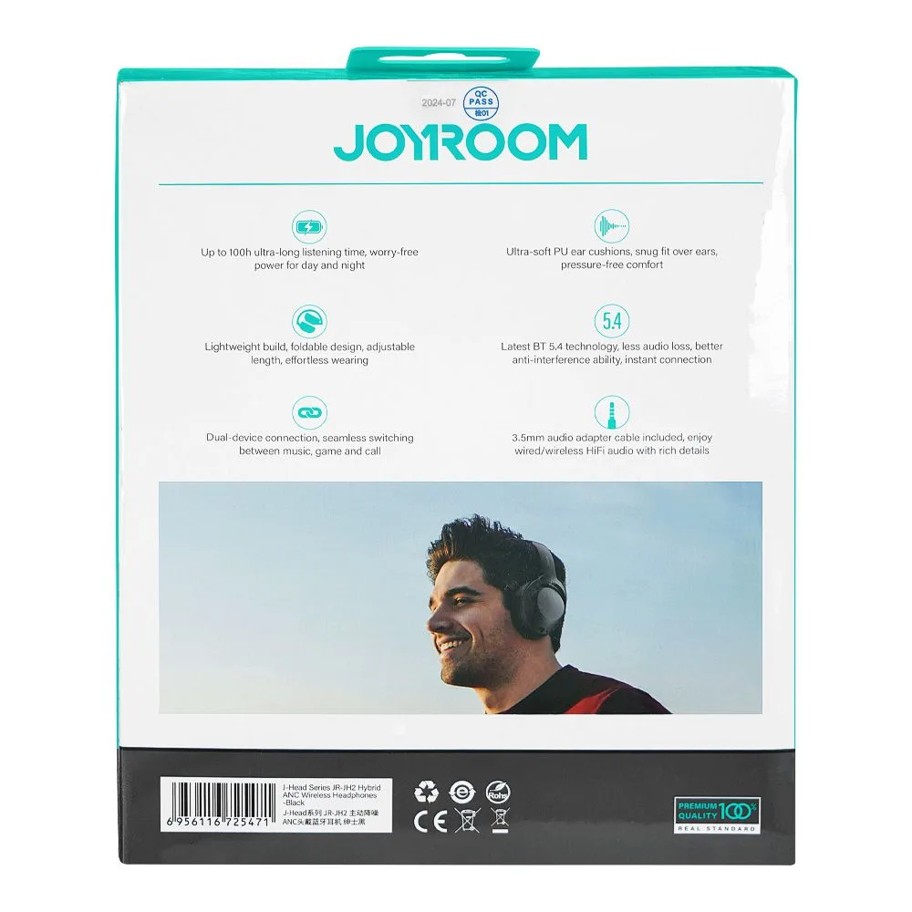 Comfortable casual joyroom hybrid anc bluetooth wireless headphone, black, jr-jh2