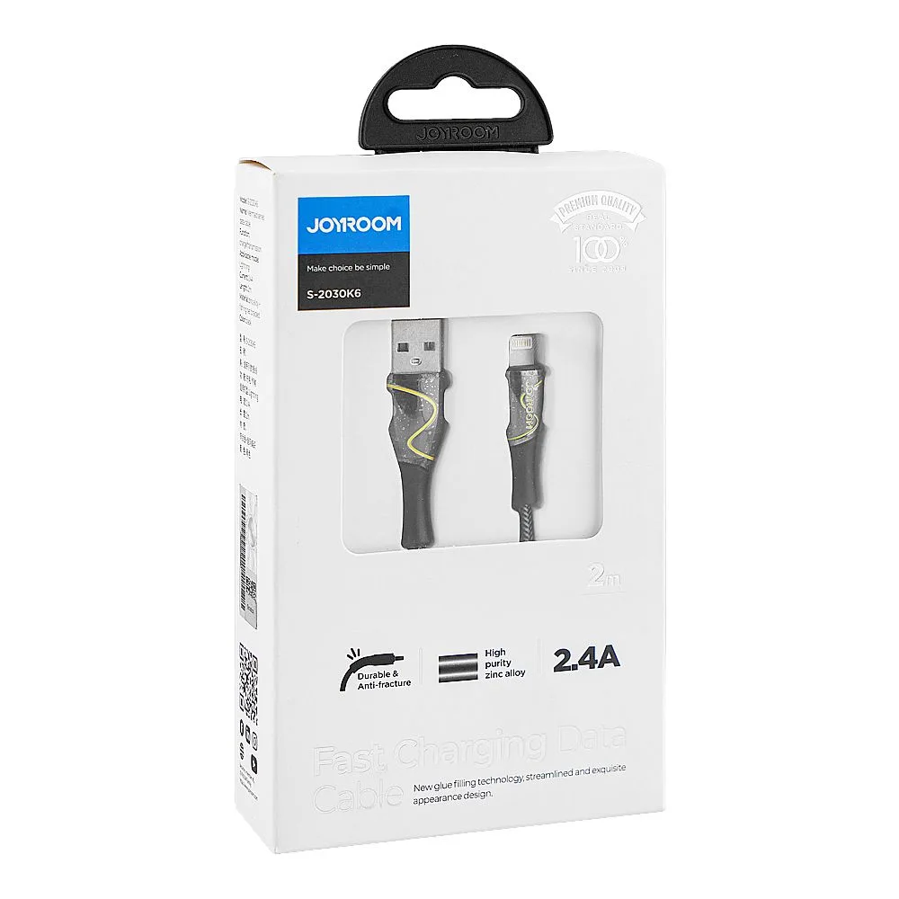 Side view of joyroom mermaid series lightning fast charging data cable (2m, 2.4a), black, s-2030k6
