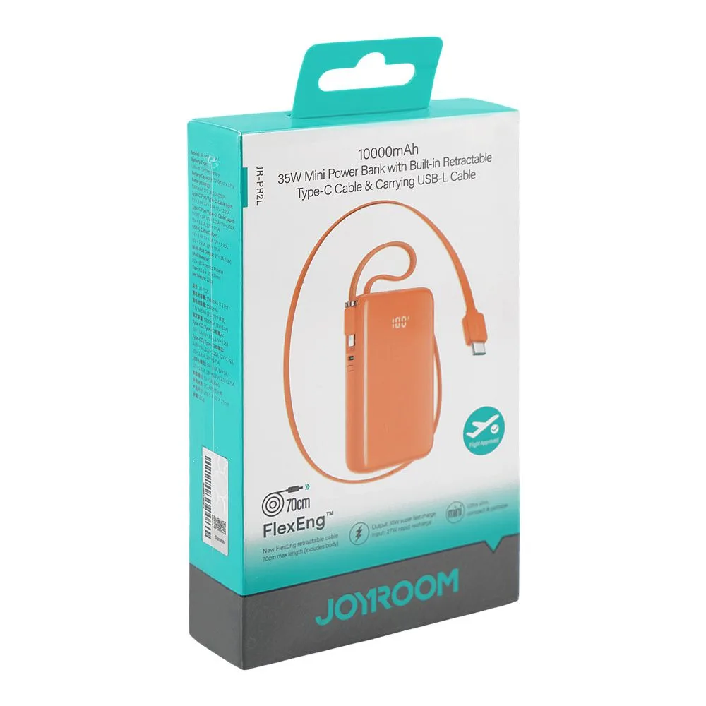 Side view of joyroom mini power bank built in retractable type-c & usb-l cable, 10000mah, 35w, orange, jr-pr2l