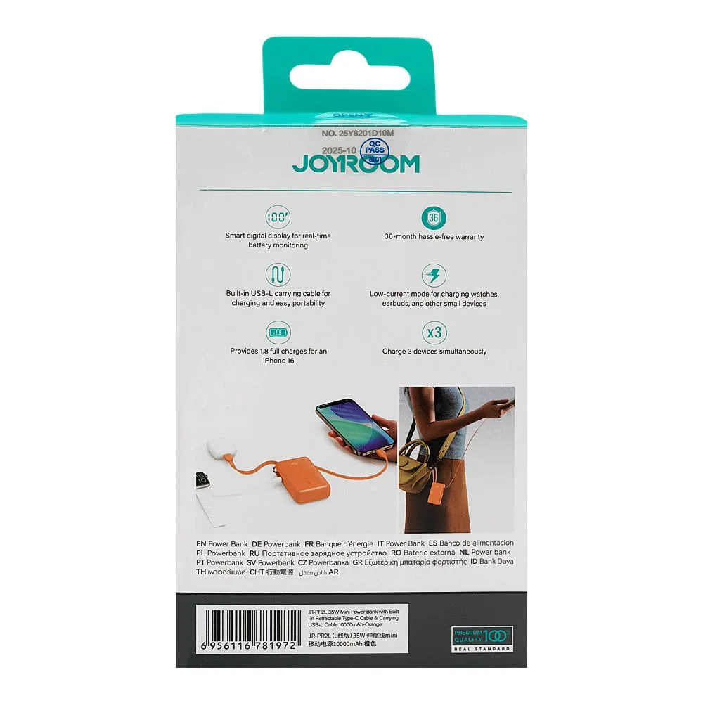 Comfortable casual joyroom mini power bank built in retractable type-c & usb-l cable, 10000mah, 35w, orange, jr-pr2l