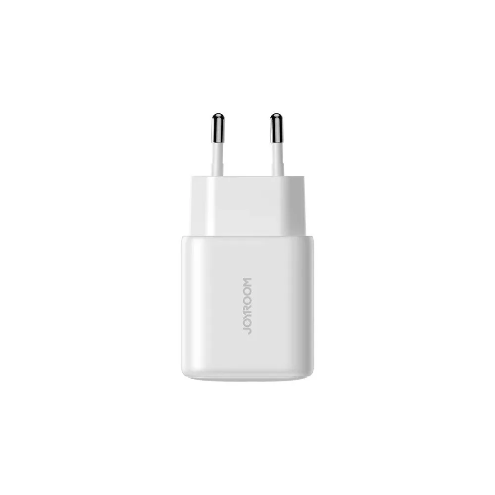 Side view of joyroom pd 20w fast charger, type c to lightning cable 1m, white, jr-tcf20eu