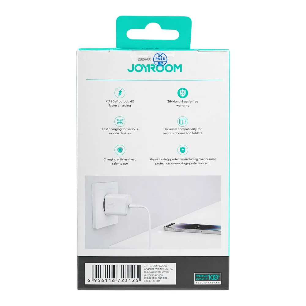 Close-up design of joyroom pd 20w fast charger, type c to lightning cable 1m, white, jr-tcf20eu