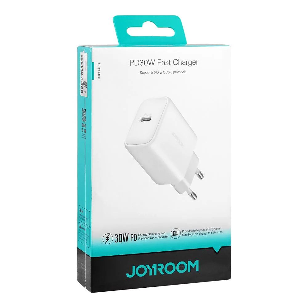 Side view of joyroom pd fast charger, for ip phone & samsung, 30w, pd + qc 3.0, white, jr-tcf24