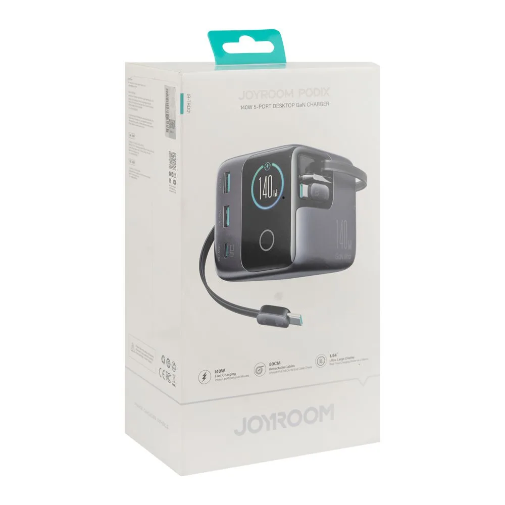 Side view of joyroom podix 5-port desktop gan charger, 140w, dark grey, jr-trd01