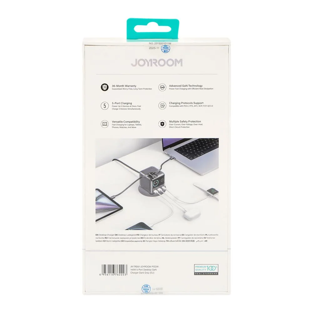 Comfortable casual joyroom podix 5-port desktop gan charger, 140w, dark grey, jr-trd01
