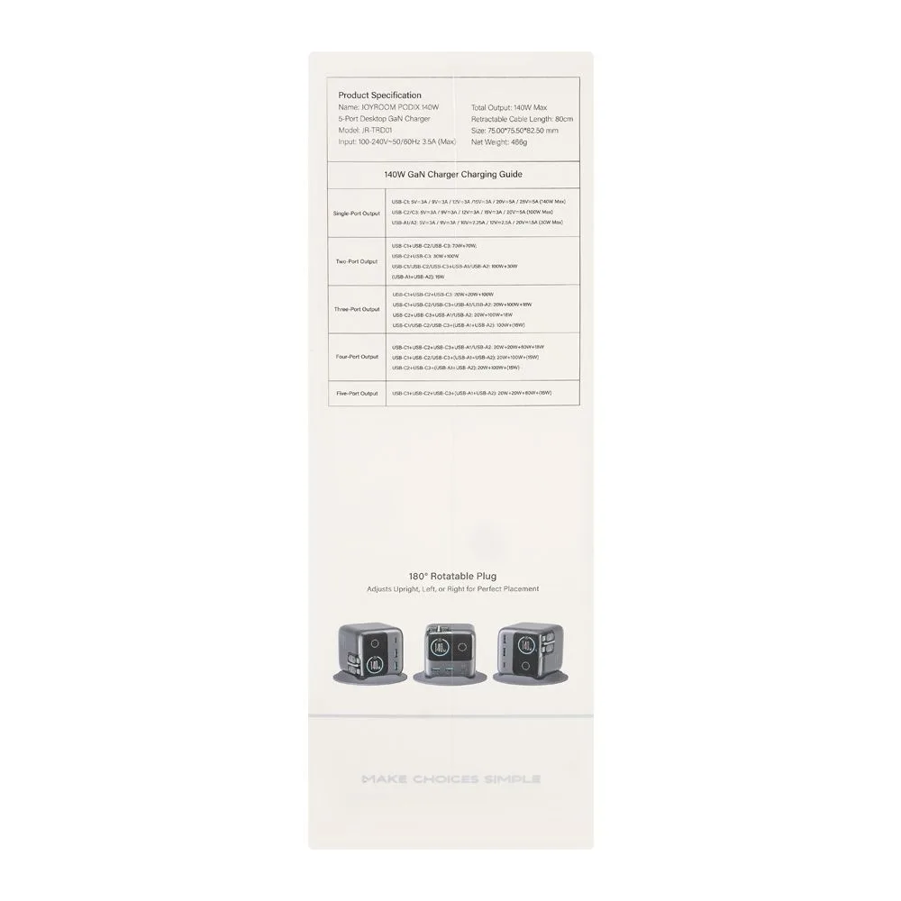 Close-up design of joyroom podix 5-port desktop gan charger, 140w, dark grey, jr-trd01