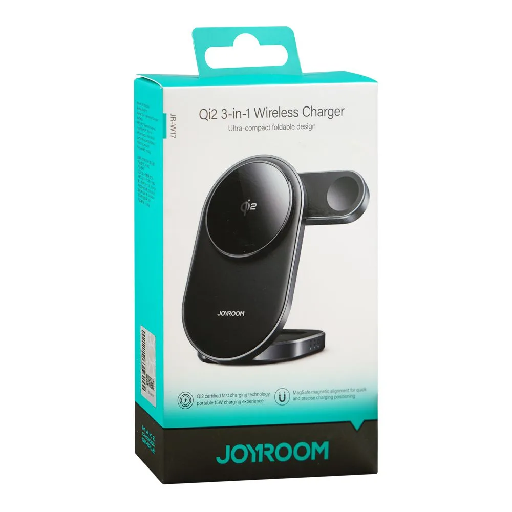 Side view of joyroom qi2 3-in-1 wireless charger ultra-compact foldable design, 15w phone output + 5w earbuds output + 3w watch output, black, jr-w17