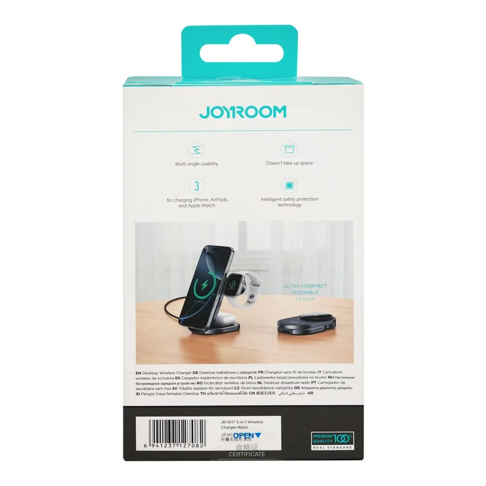 Comfortable casual joyroom qi2 3-in-1 wireless charger ultra-compact foldable design, 15w phone output + 5w earbuds output + 3w watch output, black, jr-w17