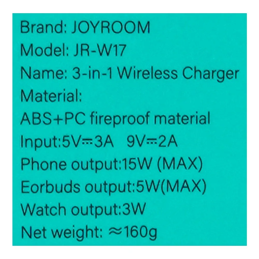 Premium everyday wear joyroom qi2 3-in-1 wireless charger ultra-compact foldable design, 15w phone output + 5w earbuds output + 3w watch output, black, jr-w17