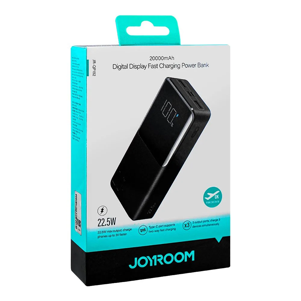 Side view of joyroom super fast charging 20000mah power bank, 22.5w, jr-qp192 black