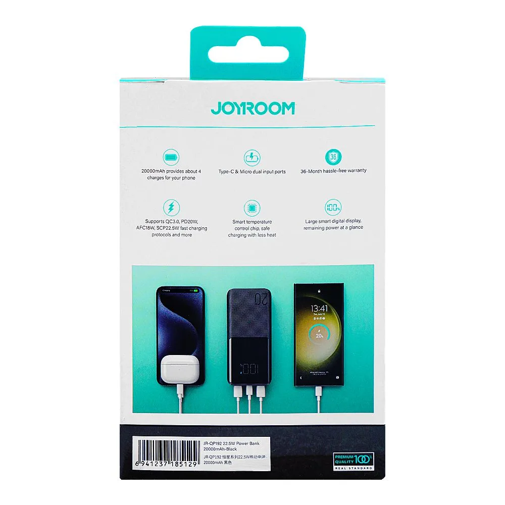 Comfortable casual joyroom super fast charging 20000mah power bank, 22.5w, jr-qp192 black