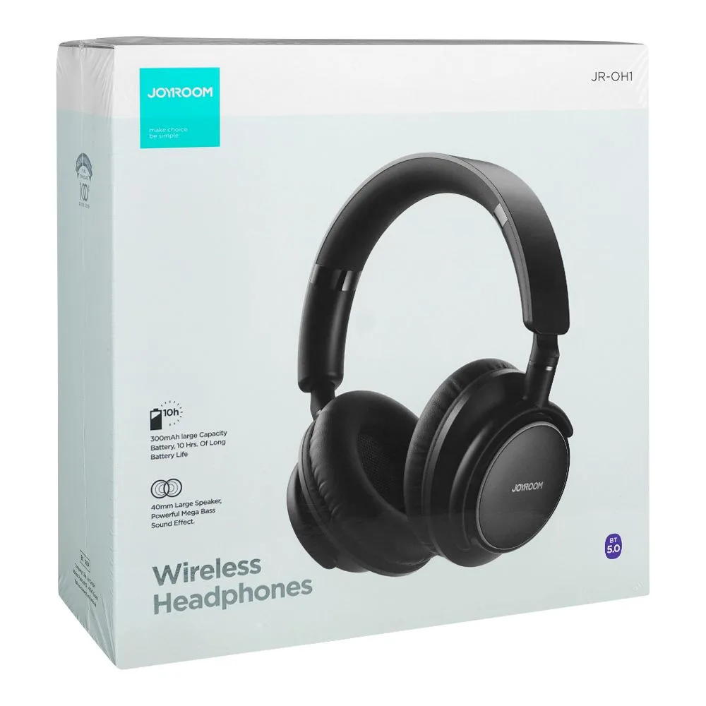 Side view of joyroom wireless headphone, 3000mah battery, 40mm large speakers, black, jr-oh1