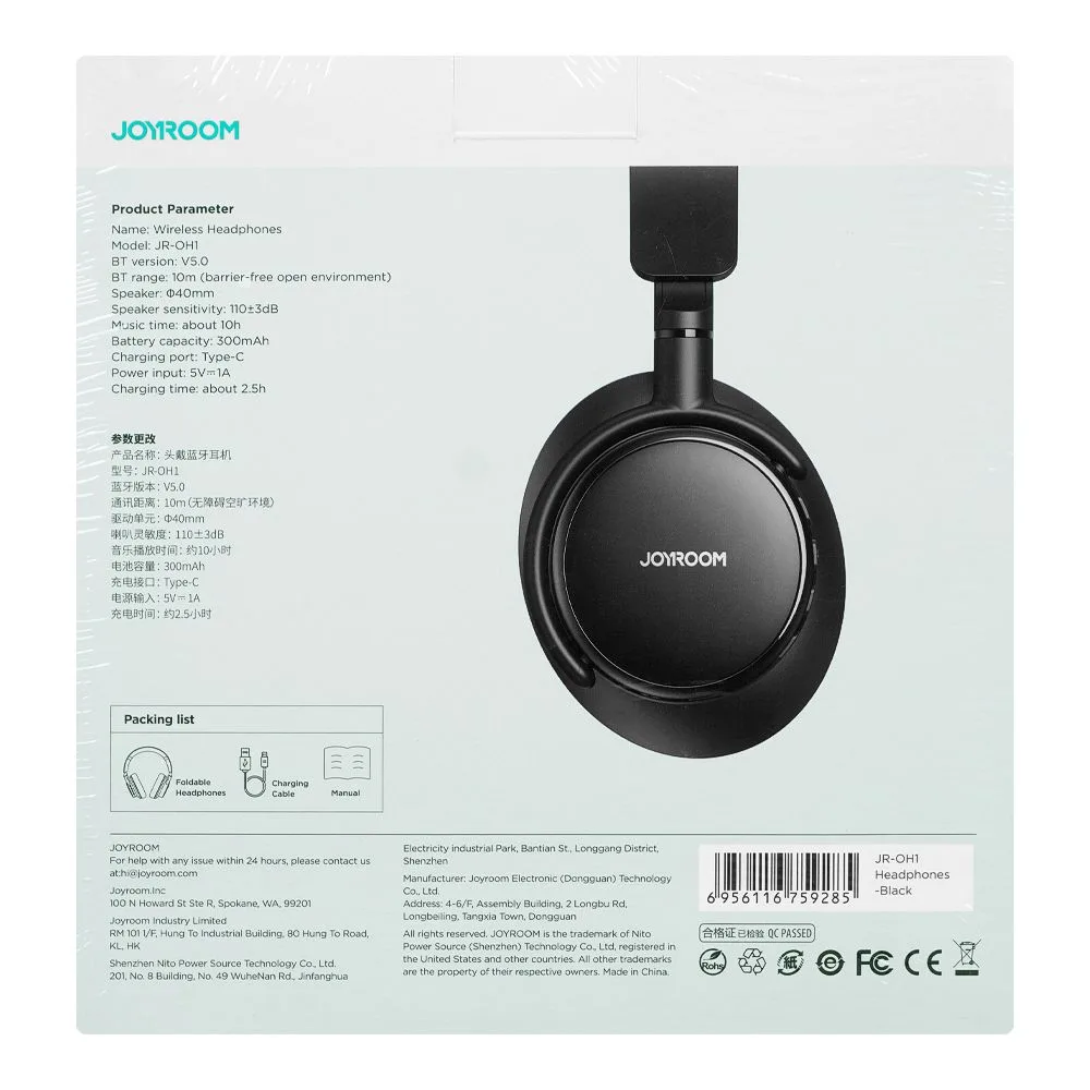 Comfortable casual joyroom wireless headphone, 3000mah battery, 40mm large speakers, black, jr-oh1