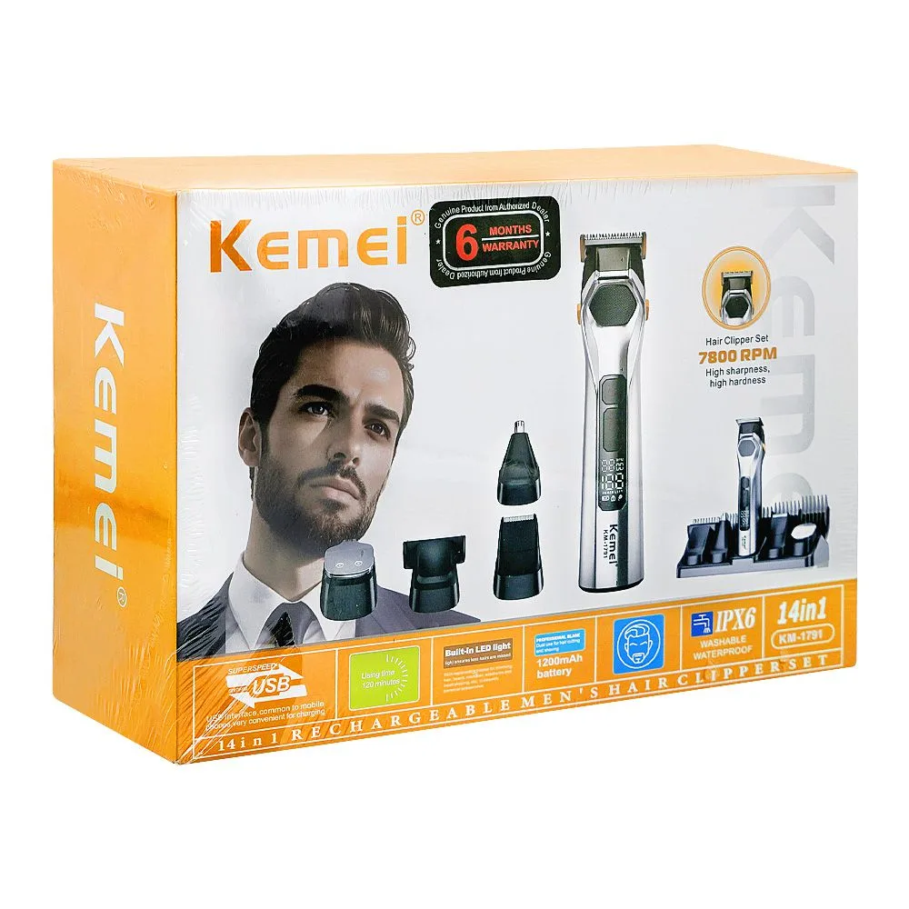 Side view of kemei 14in1 rechargeable hair clipper set, 1200mah battery, 120 minutes runtime, km-1791